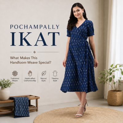 Discover Pochampally Ikat, its traditional weaving process, unique patterns and why this handloom textile remains special in modern fashion.Pochampally Ikat dress, Pochampally handloom